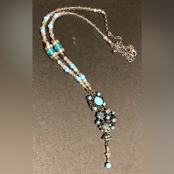 Handcrafted pendant necklace-vintage & new. AB crystals shades of turquoise - Picture 10 of 13